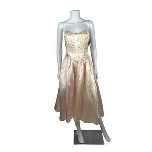 Vintage 80s Prom Dress Womens XS Strapless Peach Satin Glitter Evening Gown Swee